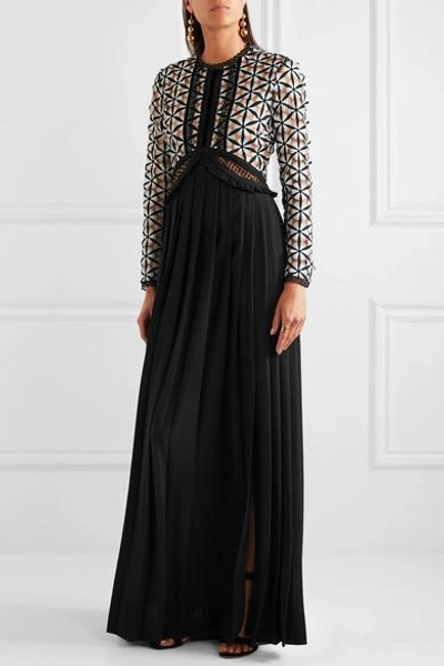 Shop Self-portrait Guipure Lace And Pleated Crepe Gown In Black