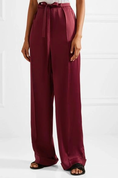 Shop Valentino Pleated Silk-satin Wide-leg Pants In Burgundy