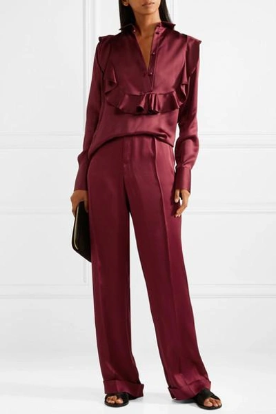 Shop Valentino Pleated Silk-satin Wide-leg Pants In Burgundy