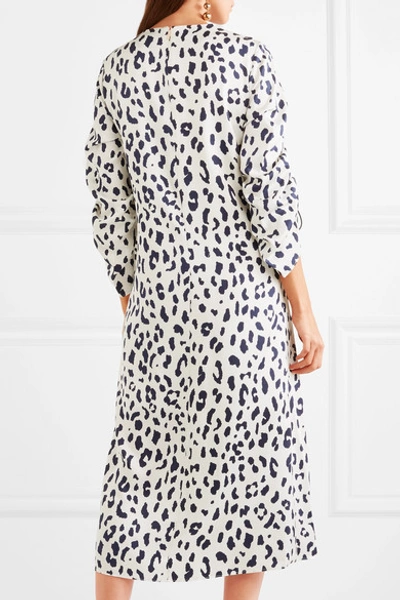 Shop Tibi Ruched Leopard-print Silk-satin Midi Dress