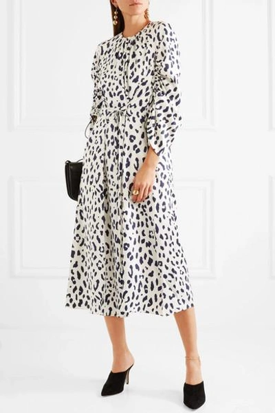 Shop Tibi Ruched Leopard-print Silk-satin Midi Dress