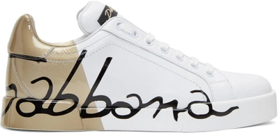 Shop Dolce & Gabbana White & Gold Writing Sneakers