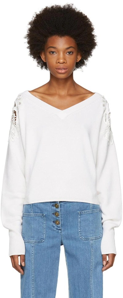 Shop Chloé White Lace Shoulder V-neck Sweater
