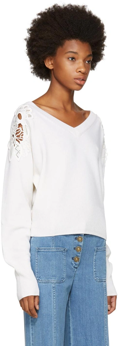Shop Chloé White Lace Shoulder V-neck Sweater