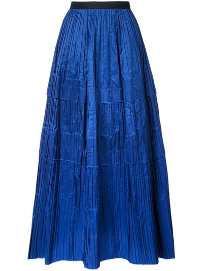 Oscar De La Renta Tiered Pleated Silk Maxi Skirt, Blue