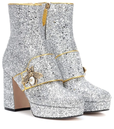 Gucci Glitter Plateau Ankle Boots In Silver