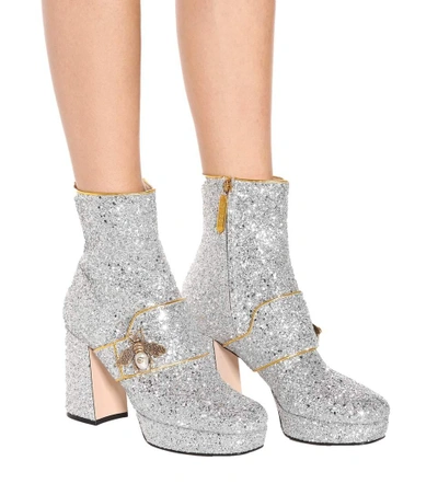 Shop Gucci Glitter Plateau Ankle Boots In Silver