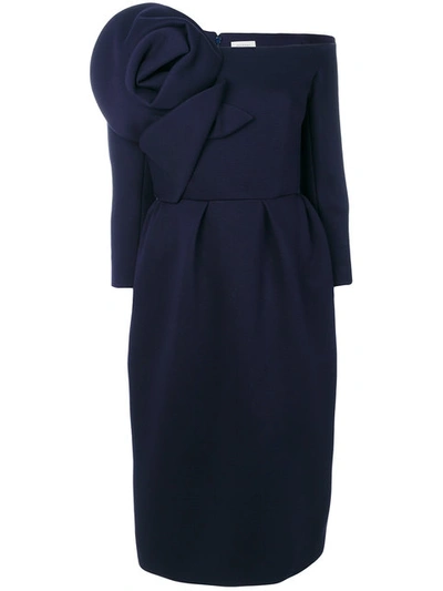 Delpozo Off-shoulder 3/4-sleeve Dress W/rosette Detail, Blue