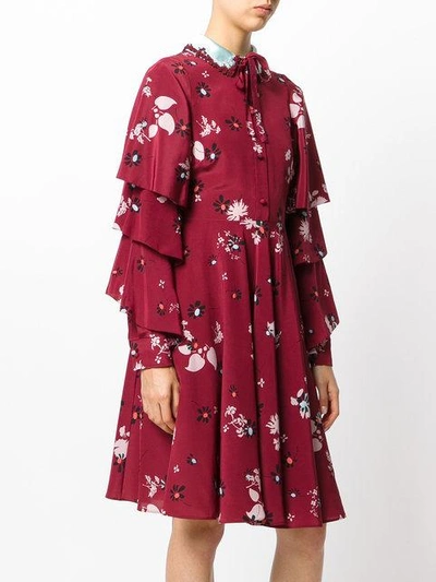 Shop Valentino Crepe De Chine Floral Print Dress - Red