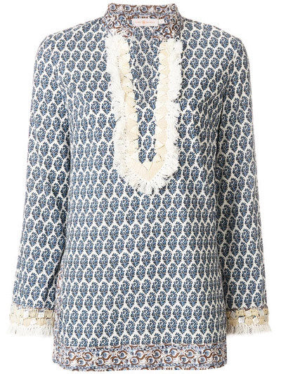 Tory Burch Long-sleeve Paisley Tory Tunic W/ Fringed Trim In New Ivory