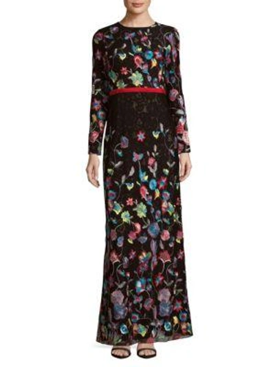 Monique Lhuillier Printed Long Sleeves Floor-length Gown In Black Combo