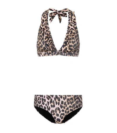 Ganni Belrose Printed Halter Bikini In Leopard