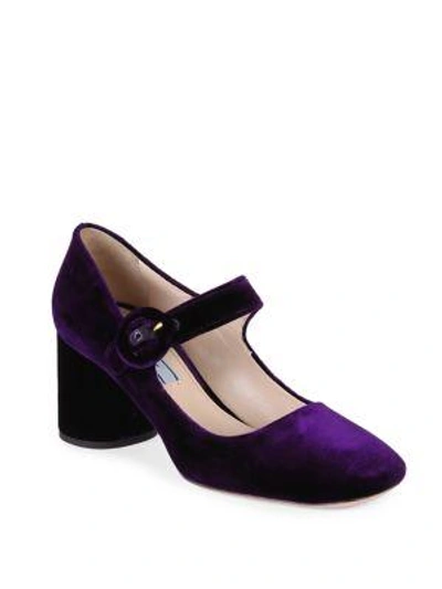 Shop Prada Velvet Mary Jane Block Heel Pumps In Purple