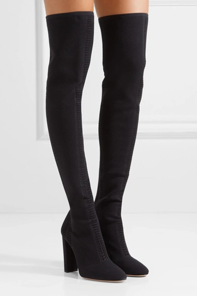Shop Gianvito Rossi 105 Perforated Stretch-knit Over-the-knee Boots In Black