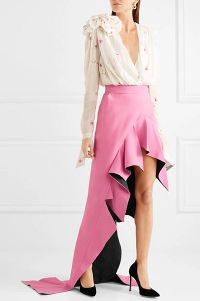 Shop Ronald Van Der Kemp Asymmetric Ruffled Wool-blend Maxi Skirt