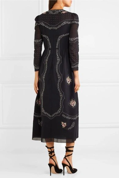Shop Vilshenko Sofia Embroidered Cotton-voile Midi Dress In Black