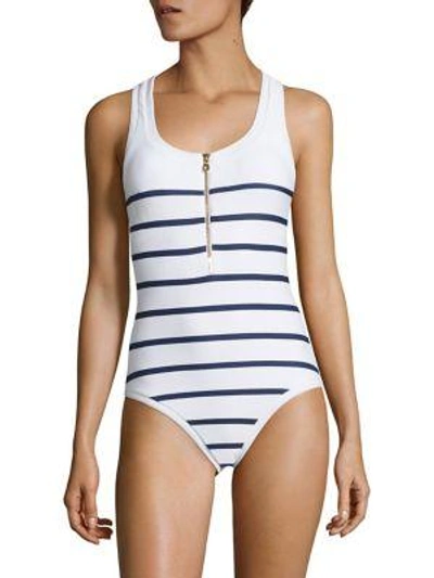 Shop Heidi Klein One-piece Textured Binding Nautical Swimsuit In Multicolor