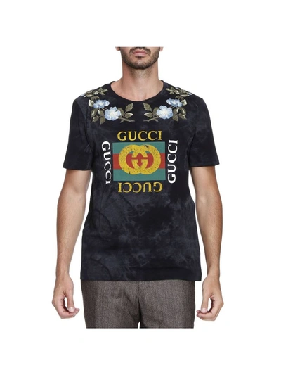 Shop Gucci T-shirt Pure Cotton T-shirt With Logo Print And Floral Embroidery In Black