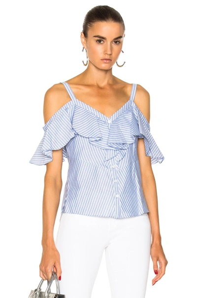 Shop Veronica Beard Grant Off The Shoulder Ruffle Shirt In Blue,stripes
