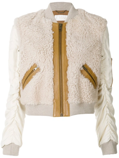 Chloé Zipped Shearling Jacket In Nude & Neutrals