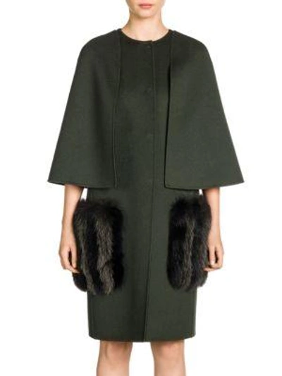 Shop Fendi Double-face Wool & Fox Fur Pocket Cape In Dark Green