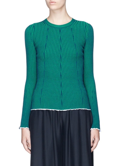 Alexander Wang T Flared Rib Knit Sweater In Navy With Emerald Combo