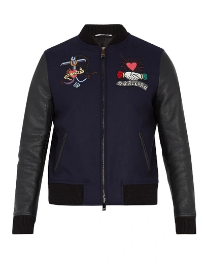 Valentino Tattoo-embroidered Wool And Bomber Jacket In Navy Multi | ModeSens