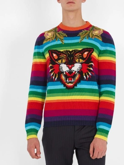 Gucci Striped Wool Intarsia Sweater With Appliqués In Multicolour | ModeSens