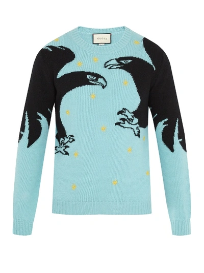Gucci Eagle-intarsia Embroidered Wool Sweater In Turquoise-blue | ModeSens