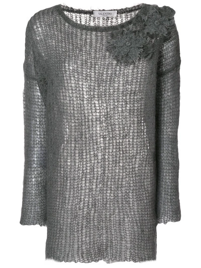 Valentino Floral Appliqué Knit Jumper - Grey