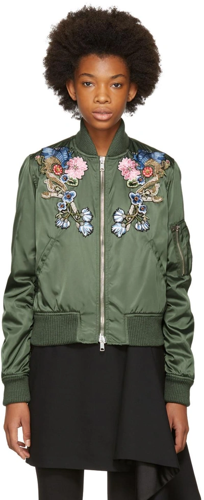 Shop Alexander Mcqueen Green Floral Embroidered Bomber Jacket In *3450 Military Green