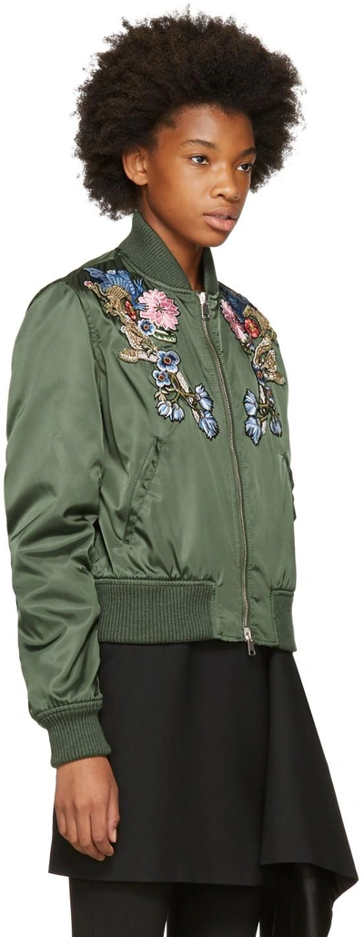 Shop Alexander Mcqueen Green Floral Embroidered Bomber Jacket In *3450 Military Green