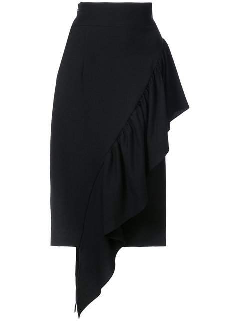 Milly Angelina Gabardine Cascading Ruffle Midi Skirt, Black | ModeSens