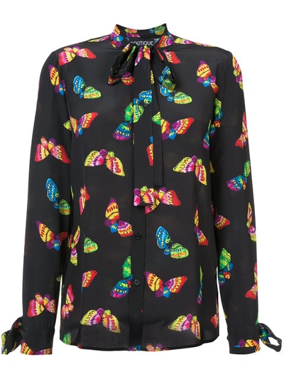 Shop Boutique Moschino Butterfly Pussy Bow Blouse - Black