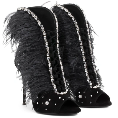 Shop Giuseppe Zanotti - Black Suede Boot With Feathers Charleston