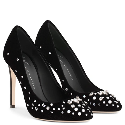 Shop Giuseppe Zanotti - Black Velvet Pump With Crystals The Dazzling Annette