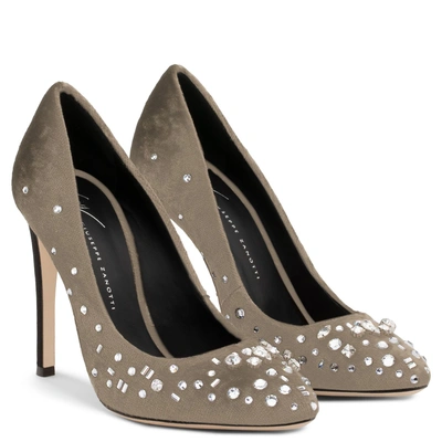 Shop Giuseppe Zanotti - Grey Velvet Pump With Crystals The Dazzling Annette