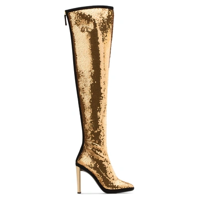 Shop Giuseppe Zanotti - Black Fabric Cuissard Boot With All Over Sequins Star In Gold