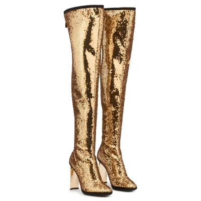 Shop Giuseppe Zanotti - Black Fabric Cuissard Boot With All Over Sequins Star In Gold