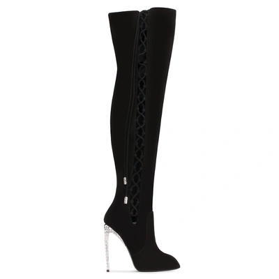 Giuseppe Zanotti - Giuseppe For Jennifer Lopez: Black Suede Cuissard Boot With Crystals Marisa