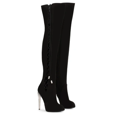Shop Giuseppe Zanotti - Giuseppe For Jennifer Lopez: Black Suede Cuissard Boot With Crystals Marisa