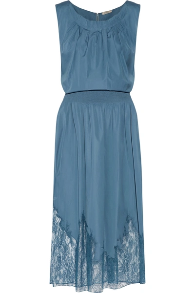 Nina Ricci Pleated Lace-paneled Cotton-poplin Midi Dress
