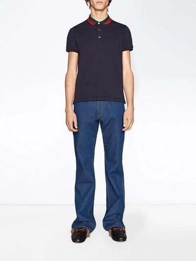 Shop Gucci Cotton Polo With Web Collar In Blue