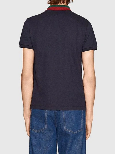 Shop Gucci Cotton Polo With Web Collar In Blue