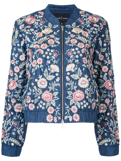 Needle & Thread 'wild Flower Embroidered Denim Bomber Jacket In Blue ...