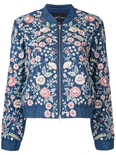 Needle & Thread 'wild Flower Embroidered Denim Bomber Jacket In Blue