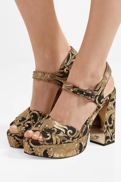 Tory Burch Loretta Brocade Platform Sandals In Black-gold | ModeSens