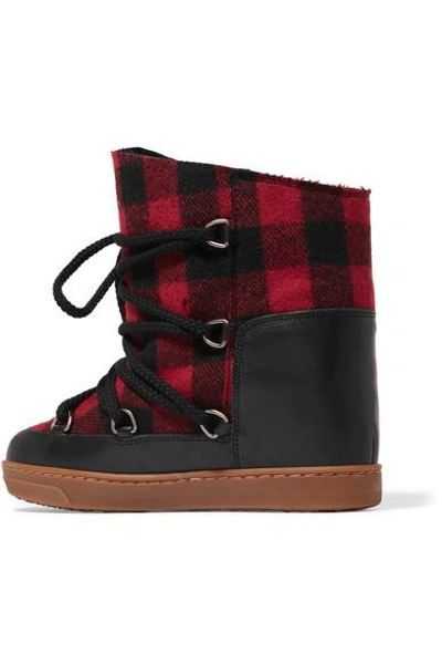 Shop Isabel Marant Nowles Shearling-lined Leather-trimmed Plaid Wool Boots In Black