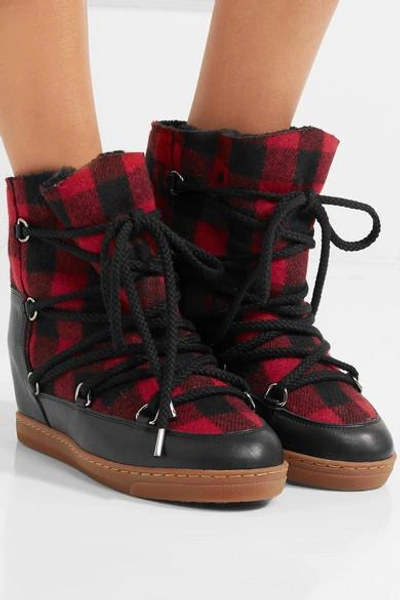 Shop Isabel Marant Nowles Shearling-lined Leather-trimmed Plaid Wool Boots In Black