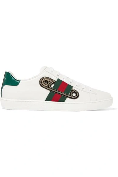 Shop Gucci Ace Watersnake-trimmed Embellished Leather Sneakers In White